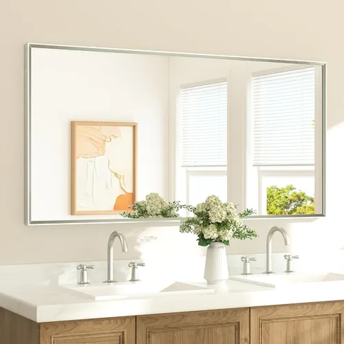 Vista 56 de TETOTE Espejo de baño dorado cepillado de 20" x 30", espejo de tocador de baño rectangular de latón dorado cepillado con marco biselado para sobre