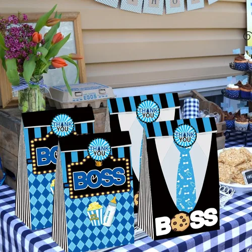 Vista 2 de BOSS - Bolsas de regalo de fiesta, 24 unidades con 30 calcomanías para niños, color azul, negro, cumpleaños, baby shower, golosinas, bolsas