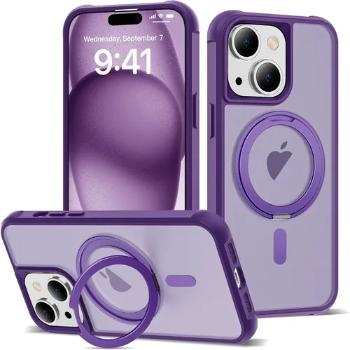 Vista 15 de Funda para iPhone 11 de 6.1 pulgadas con soporte de anillo magnético giratorio de 360°, compatible con MagSafe ligera y translúcida mate, funda