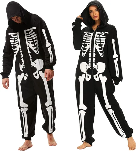 Vista 2 de Disfraz de esqueleto de Halloween para hombre adulto, overol unisex de felpa, acogedor disfraz de cosplay de una pieza para hombre