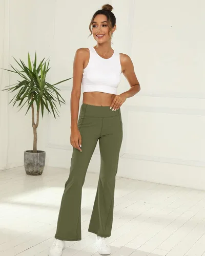 Vista 4 de Aurgelmir Pantalones de yoga acampanados para mujer, de cintura alta, con corte de bota, pantalones de pierna ancha con bolsillos