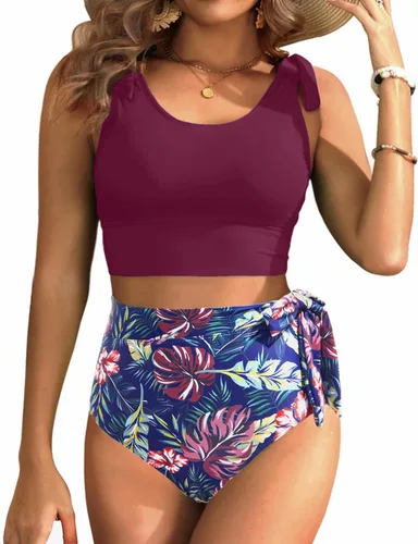 Vista 20 de Trajes de baño de dos piezas de cintura alta - Bikini con control de abdomen para mujer, traje de baño modesto 2 piezas 2025 Hot Red