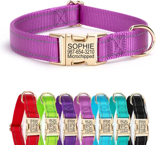 Vista 14 de Collar de perro de nailon reflectante personalizado con etiqueta de nombre Collares de perro con hebilla dorada grabados personalizados Collar