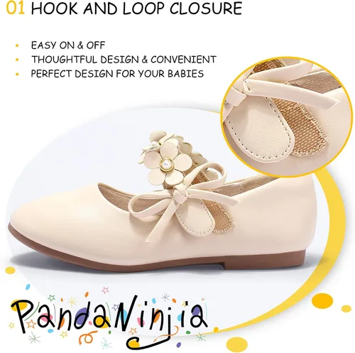Vista 3 de PANDANINJIA Zapatos de vestir para niñas pequeñas, zapatos planos de flores con perlas, lazo Mary Jane, zapatos de flora para fiesta de boda