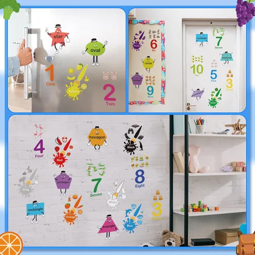 Vista 7 de Tatuo 30 calcomanías de pared con números, calcomanías de pared de geometría de aprendizaje educativo, calcomanías de pared con formas coloridas