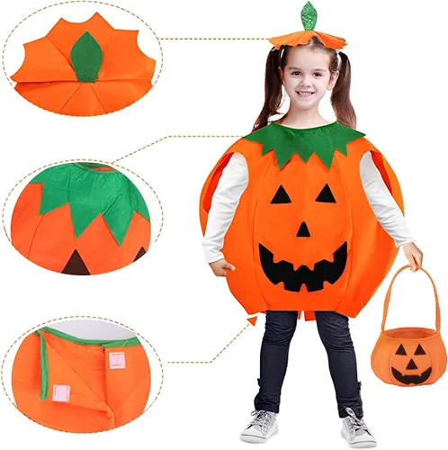Vista 3 de Ditard Disfraz de calabaza para niños pequeños divertidos disfraces de Halloween de 3 piezas trajes de calabaza para niños y niñas cubos de Halloween