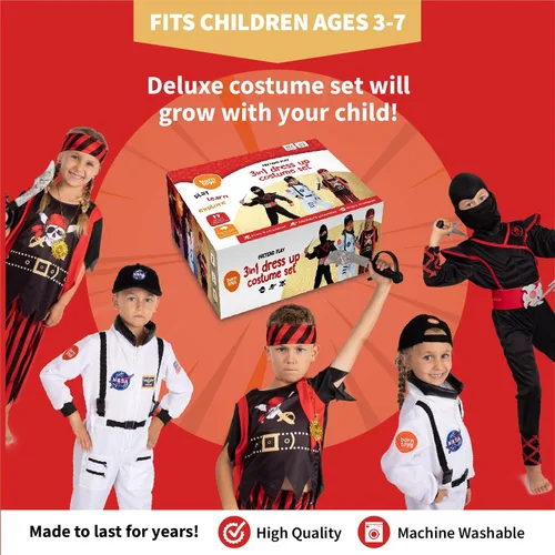 Vista 6 de Born Toys Juego de disfraz 3 en 1 para niños disfraz de pirata para niños disfraz de ninja y disfraz de astronauta para niños de 3 a 7 años con 14