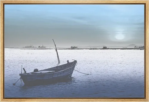 Vista 16 de wall26 Lienzo enmarcado para pared, barco de pescador en mar gris y azul, horizonte, transporte oceánico, fotografía, realismo, náutico, escénico