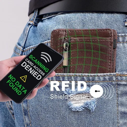 Vista 5 de Hombres RFID bloqueo delgado minimalista magia cartera tarjeta caso con bolsillo moneda genuino caballo cuero titular de la tarjeta Café-k104