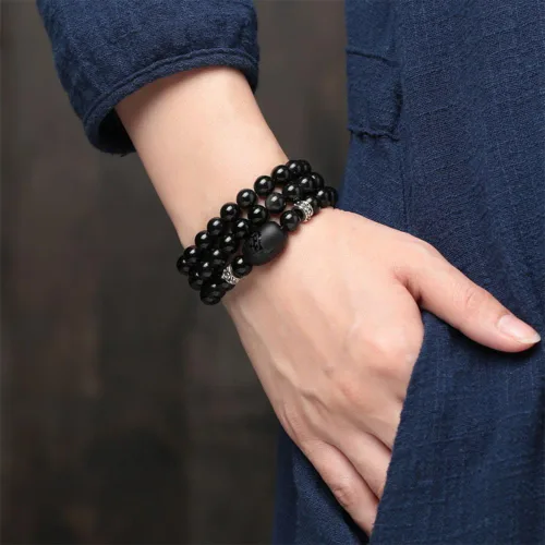 Vista 6 de Pulsera de obsidiana de cristal grabado con dragón o fénix totem cilindro cuentas hombres o mujeres cadena de piedra natural famosa moda 12MM 10MM
