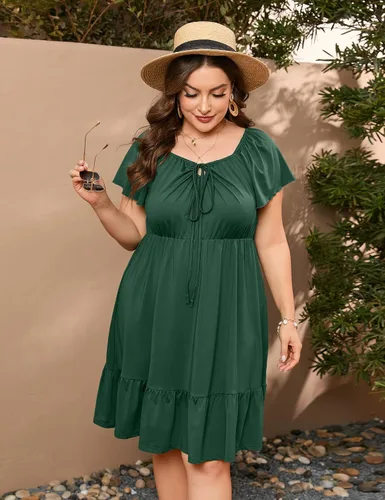 Vista 2 de ShopWonder Vestidos hawaianos de talla grande para mujer, vestido de cuello cuadrado, manga corta, casual, acampanado, vestido de verano