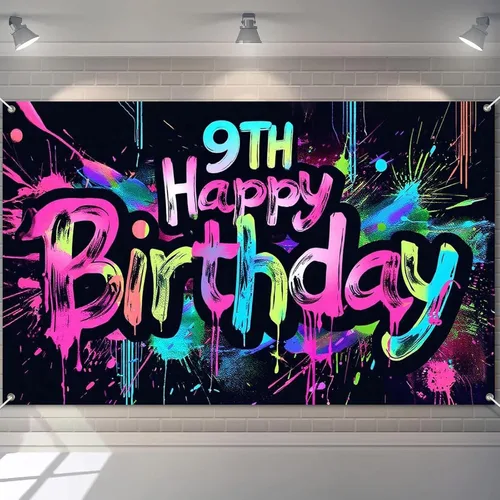 Vista 11 de HOMETITUTE Pancarta de Neón de Feliz 10mo Cumpleaños 71 x 43 pulgadas, Salpicadura de Pintura que Brilla en la Oscuridad, Telón de Fondo