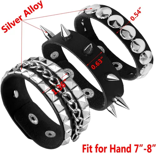 Vista 7 de 3PCS Leather Bracelets Set Studded Wrap Wrist Cuffs Punk Rock Y2K Emo Wide Wristband Accessories for Teens Women Men