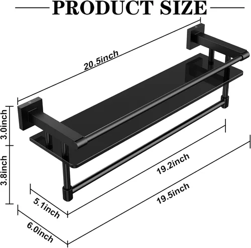 Vista 2 de Estante de vidrio para baño de 20 pulgadas, estantes de baño con barra para toallas, estantes de vidrio templado con soporte para toallas de acero