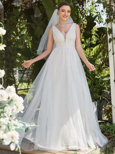 Vista 3 de Ever-Pretty Vestido maxi sin mangas con cuello en V doble encaje una línea de tul fruncido 0096A
