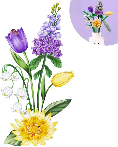 Vista 7 de OSDUE Juego de construcción de ramos de flores de ladrillos pequeños, flores artificiales, decoración única para el hogar, 534 piezas colección