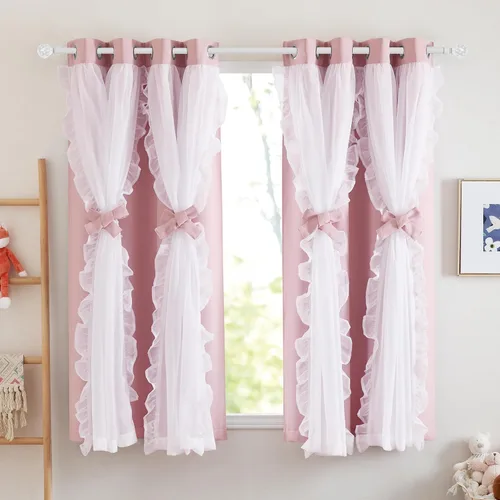 Vista 19 de PONY DANCE Cortinas con Volantes de Doble Capa con Superposición Transparente, Decoración Elegante para Ventanas de Diseño Rústico Francés de Campo