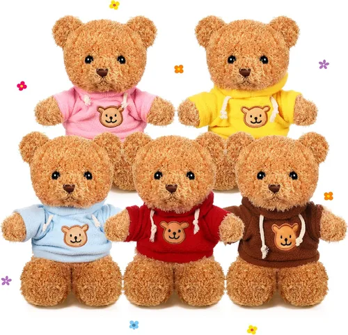 Vista 10 de HyDren 5 piezas de osos de peluche animales suaves juguetes de felpa de San Valentín, 12 pulgadas, lindo oso pequeño y lanudo con capucha y corbatín