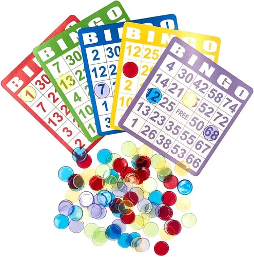 Vista 3 de YH Poker Yuanhe - Juego de tarjetas de bingo – Incluye 100 tarjetas de bingo y 1000 fichas de bingo transparentes coloridas, ideal