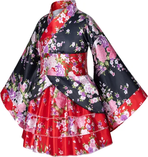 Vista 7 de Elibelle Vestido tradicional japonés kimono bata para niños niñas disfraz de seda plegable abanicos de pelo palo de pelo máscara de zorro conjunto