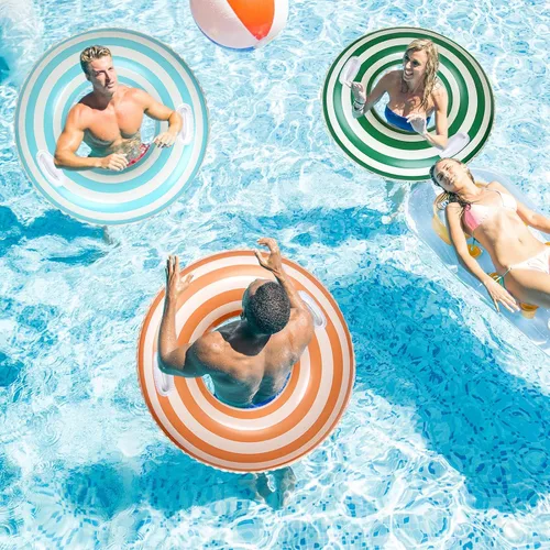 Vista 6 de Whaline 3 piezas de tubo inflable para piscina con asas, retro, naranja, verde, azul, rayas, anillos de piscina, flotadores, tubo para tumbonas