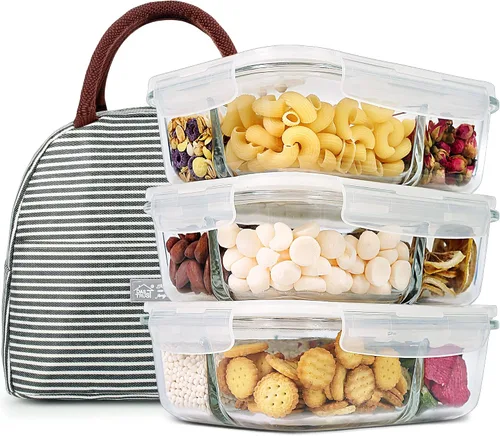 Vista 9 de DAS TRUST Paquete de 3 recipientes de vidrio para almacenamiento de alimentos, 2 compartimentos, recipientes de vidrio para preparación de comidas