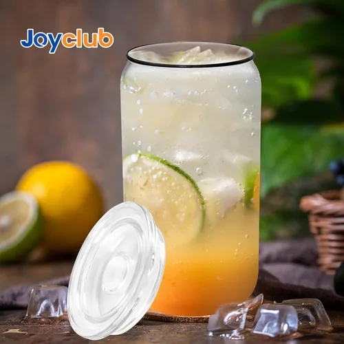 Vista 2 de Joyclub Paquete de 4 tapas acrílicas para vasos de vidrio de 16 onzas con tapas de bambú y pajitas, vasos reutilizables para café helado, vasos