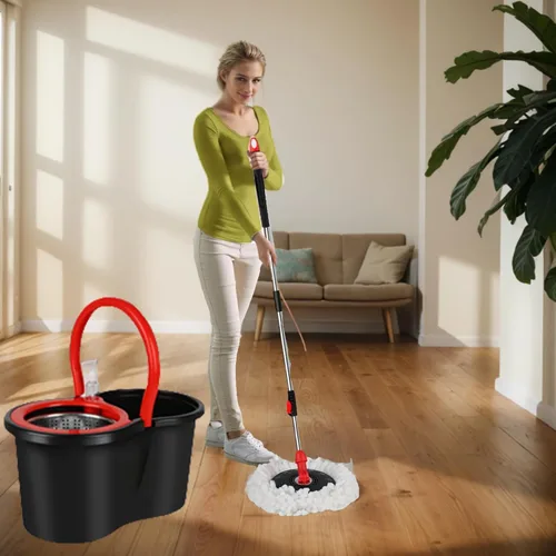 Vista 7 de Trapeador giratorio y cubo con juego de escurridor, sistema de cubo giratorio de 360° con 3 cabezales de repuesto de mopa de microfibra, mango