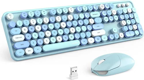 Vista 11 de MOFII Combo de teclado y mouse inalámbricos, teclado retro con teclas redondas de colores, conexión USB Plug Play de 2.4 GHz para PC, laptop