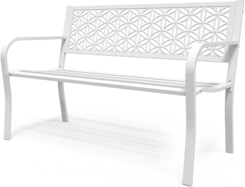 Vista 11 de VINGLI Banco de metal para exteriores de 50 pulgadas con respaldo floral, banco de jardín delantero para patio, entrada, parque exterior, capacidad