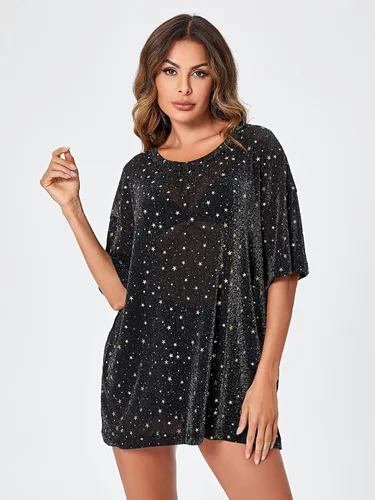 Vista 4 de WDIRARA Blusa de malla para mujer con purpurina transparente y de manga corta