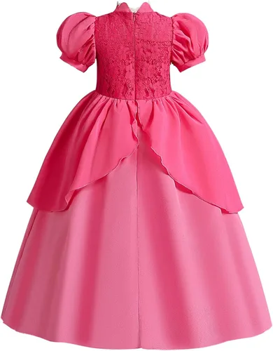Vista 3 de Touchliit Disfraz de princesa melocotón para niñas, disfraz de princesa melocotón de Halloween para niños, disfraz de cosplay de Super Bros