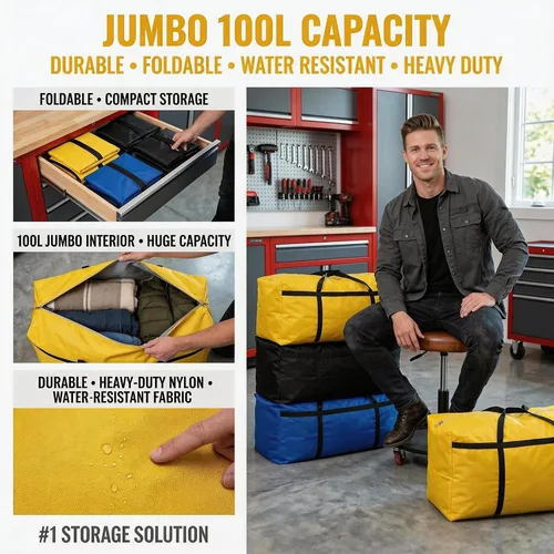 Vista 3 de 3 bolsas de almacenamiento extra grandes de 26.5 galones con asa fuerte, bolsas de viaje para ropa de viaje, color azul, negro y amarillo