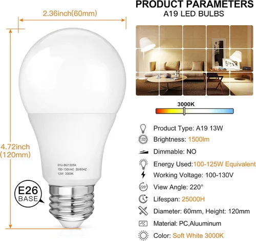 Vista 2 de MAXvolador Bombillas LED A19 equivalentes a 100-125 W, bombilla LED blanca suave de 3000 K, 13 vatios, 1500 lúmenes, base estándar E26, sin