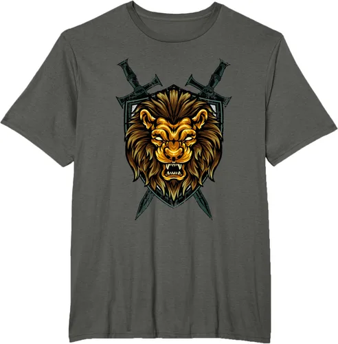Vista 5 de Camiseta con diseño de caballero medieval renacentista, con diseño de espada de león, Negro, S