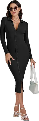 Vista 6 de LYANER Vestido midi ajustado de manga larga con cuello en V y cuello en V para mujer