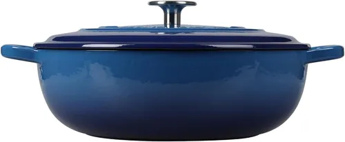 Vista 6 de EDGING CASTING - Horno holandés de hierro fundido esmaltado con asa doble, cacerola poco profunda con tapa, 3.8 cuartos de galón, azul (Lake Blue)