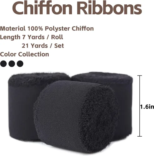 Vista 2 de 3 rollos de cinta de gasa con flecos hecha a mano, de chifón, color negro, de 1.5 pulgadas de ancho x 7 yardas de largo, cinta estilo seda