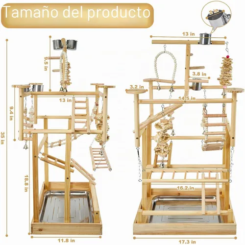 Vista 5 de LIMIO Parque de Juegos para Pájaros - Soporte de Juego de Madera Natural para Loros con Perchas, Gimnasio de Juego para Pájaros y Accesorios