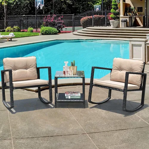 Vista 7 de DORTALA Juego de muebles de patio de 3 piezas, mecedora de ratán y mesa de centro de cristal con cojines, juego de 3 muebles de mimbre