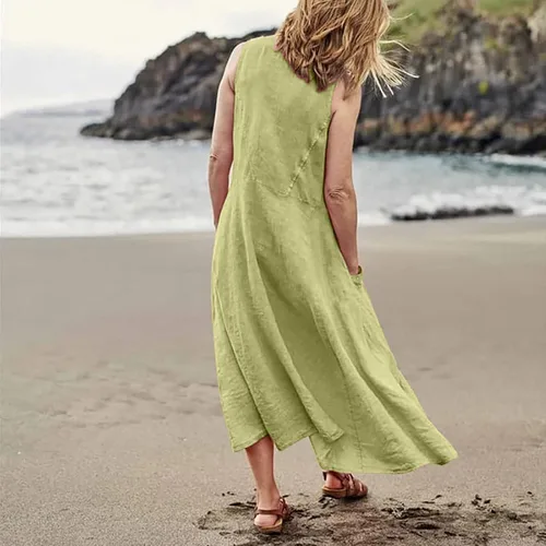 Vista 4 de Vestido largo para mujer, 2023, primavera, verano, algodón, lino, bohemio, casual, a la moda, sin mangas, para vacaciones