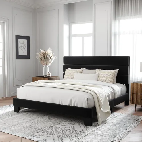 Vista 17 de Allewie Base de cama de plataforma de tamaño individual con cabecera tapizada de tela y soporte de listones de madera, base de colchón totalmente