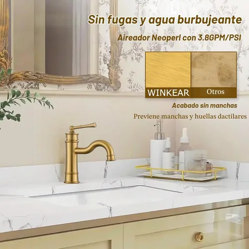 Vista 3 de Grifo romano para lavabo de baño dorado cepillado de un solo agujero, montaje en cubierta, conjunto de drenaje desplegable con placa de cubierta