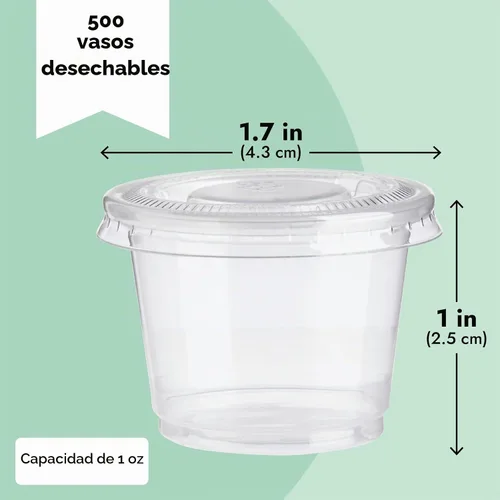 Vista 5 de Juvale Vasos desechables con tapas, plástico de 1 onza, transparente, paquete de 500 unidades, tazas de condimentos, recipientes de salsa