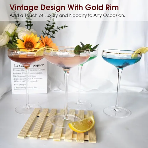 Vista 3 de Juego de 2 vasos de Martini de 7.7 onzas, borde dorado Hand Blown Crystal Champagne Coupe, Tall Stemmed Cocktail Glasses, Perfect for Bar