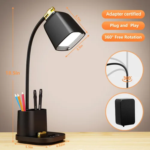 Vista 5 de Lámpara LED de escritorio con puerto de carga USB, control táctil, 3 modos de color, atenuación sin escalones, lámpara de mesa LED para cuidar