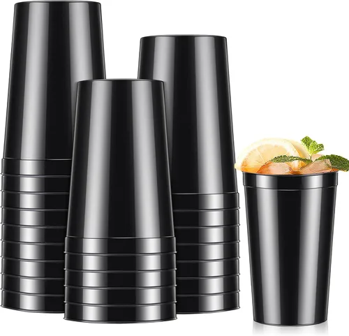 Vista 10 de Mifoci 24 vasos de plástico para estadios en blanco, reutilizables, apilables, para fiestas de cumpleaños, bodas, Mardi Gras (16 onzas, negro)