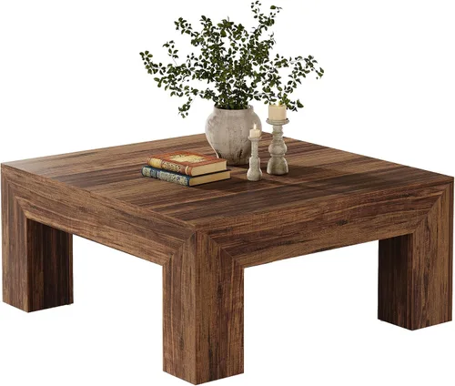 Vista 8 de Tribesigns Mesa de centro de 39.4 pulgadas cuadrada para sala de estar, mesa de té y cóctel estilo granja toda de MDF con patas de madera Marrón