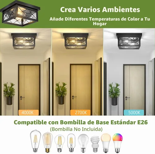 Vista 2 de Asnxcju Luminarias de Techo Estilo Granja para Montaje, Lámpara de Techo Empotrada Negra de 2 Luces con Pantalla de Vidrio Transparente, Lámpara