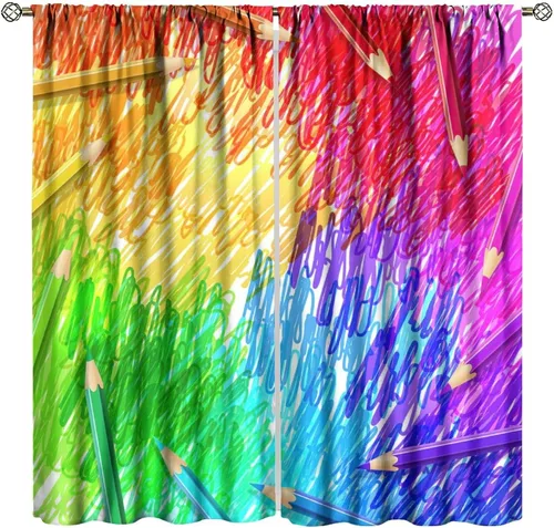 Vista 46 de Cortinas opacas abstractas de arco iris, pintura de color arcoíris con gotas, diseño gráfico creativo con bolsillo para barra, para sala de estar
